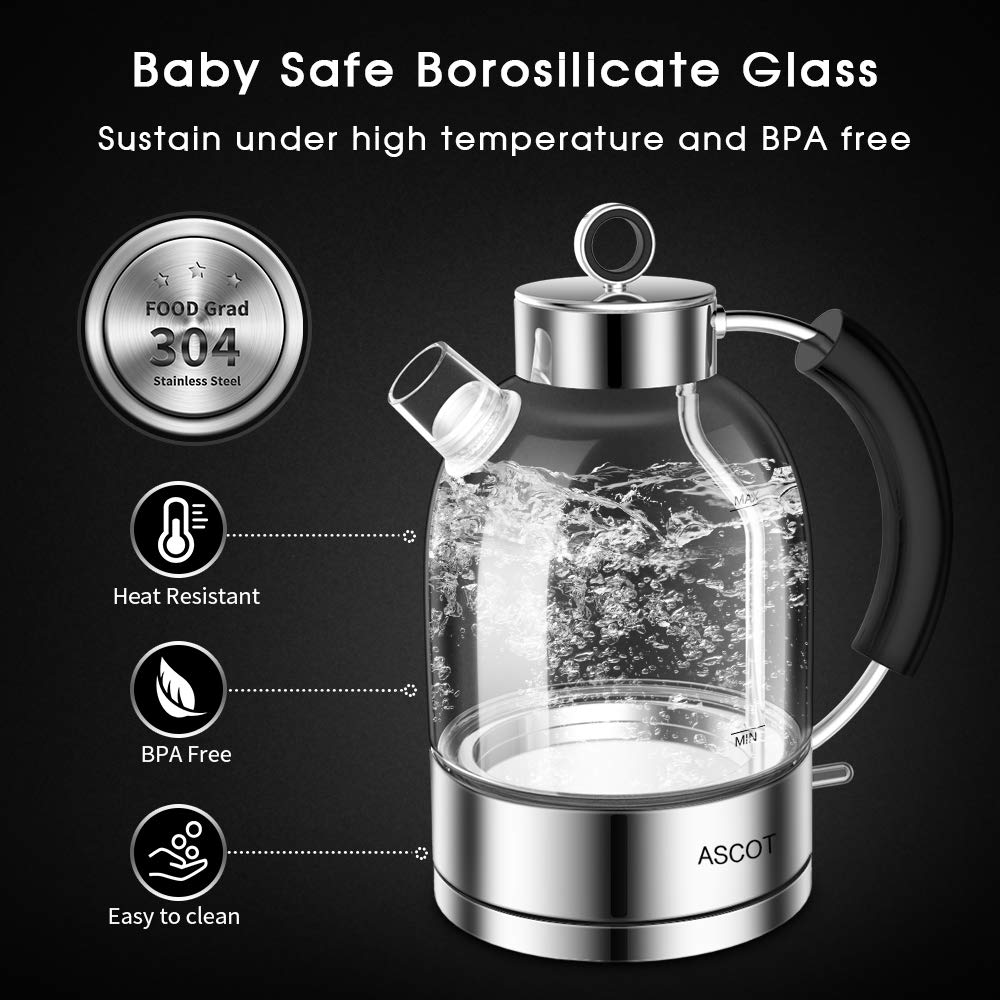 ASCOT Electric Kettle Glass Tea Kettle,1.6L(K2-Silver)