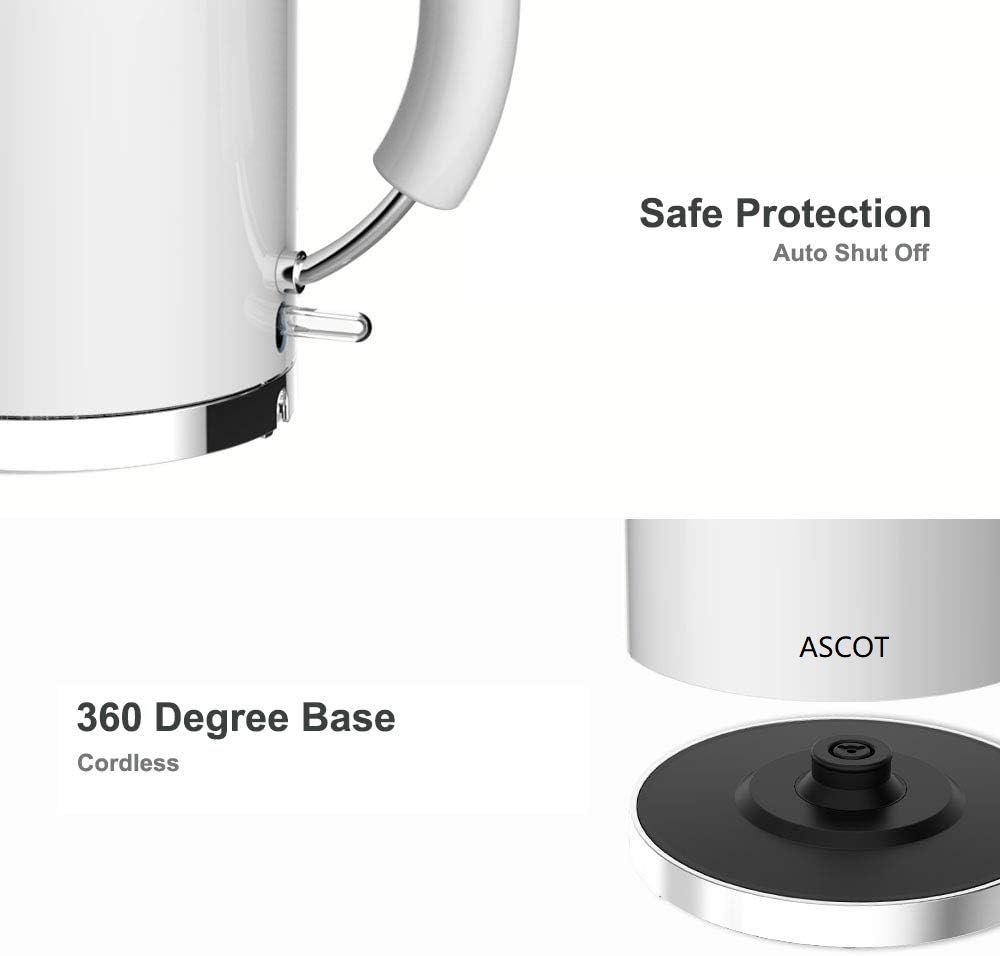 ASCOT Electric Kettle Stainless Steel Tea Kettle,1.5L(K1-White)