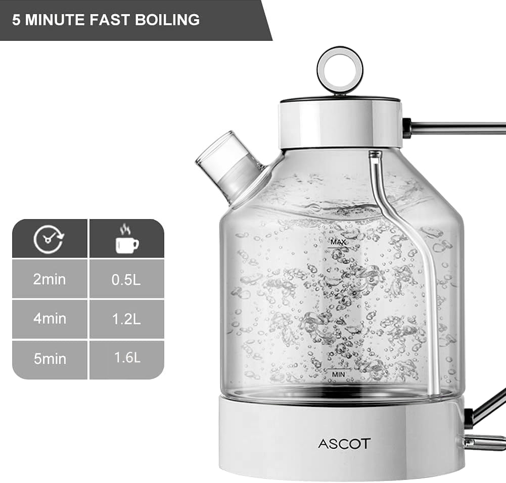 ASCOT Electric Kettle Glass Tea Kettle,1.6L(K6-White)