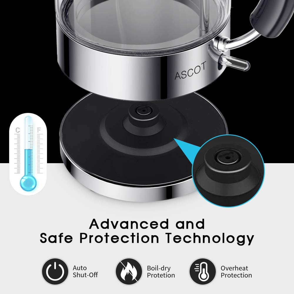 ASCOT Electric Kettle Glass Tea Kettle,1.6L(K2-Silver)