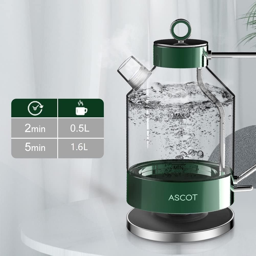 ASCOT Electric Kettle Glass Tea Kettle,1.6L(K6-Emerald Green)