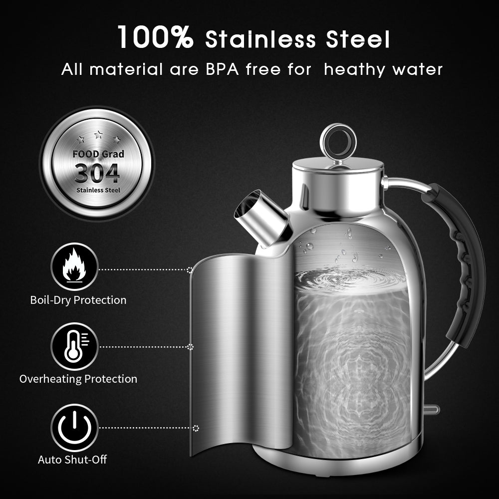 ASCOT Electric Kettle Stainless Steel Tea Kettle,1.5L(K1-Silver)
