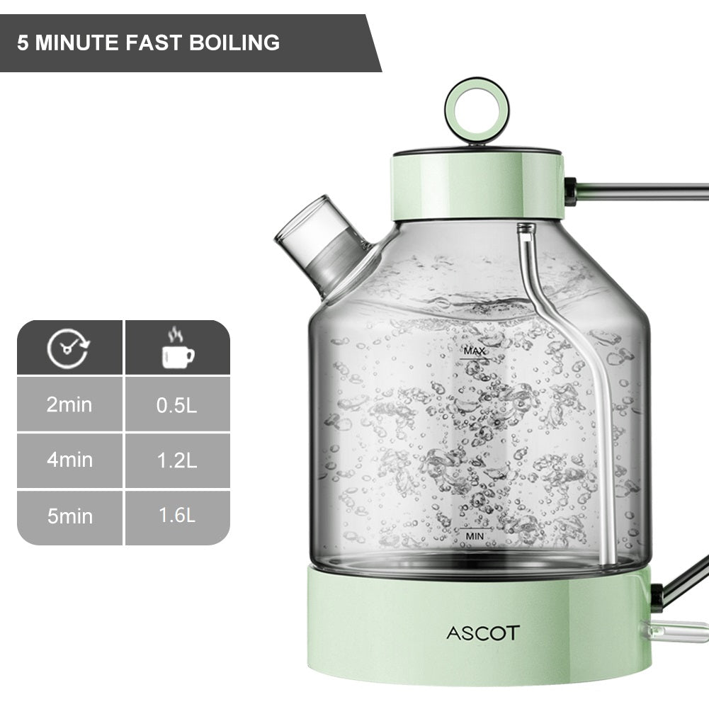 ASCOT Electric Kettle Glass Tea Kettle,1.5L(K6-Green)