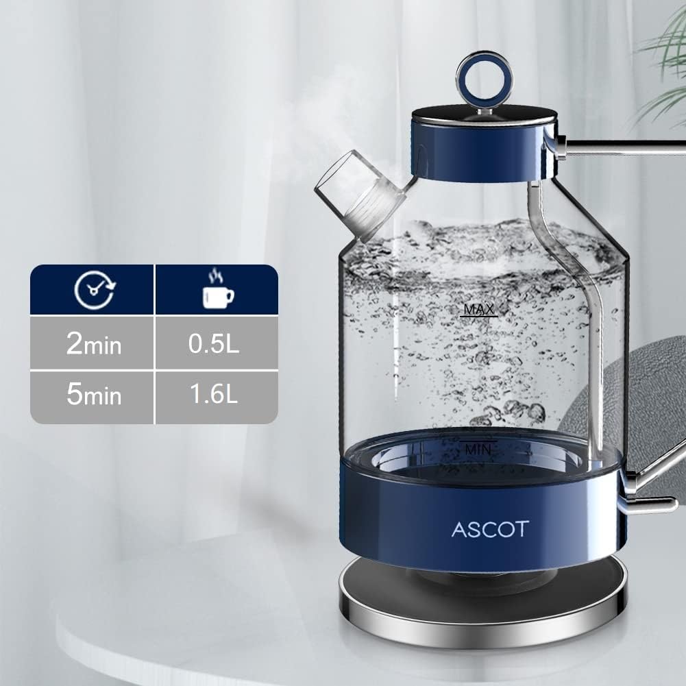 ASCOT Electric Kettle Glass Tea Kettle,1.6L(K6-Classic Blue)