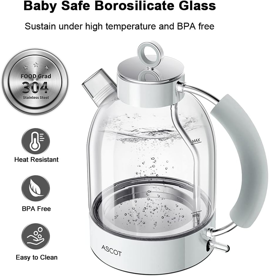 Electric Glass Kettle,Borosilicate Glass,Extra Long Cord,Dry-Boil